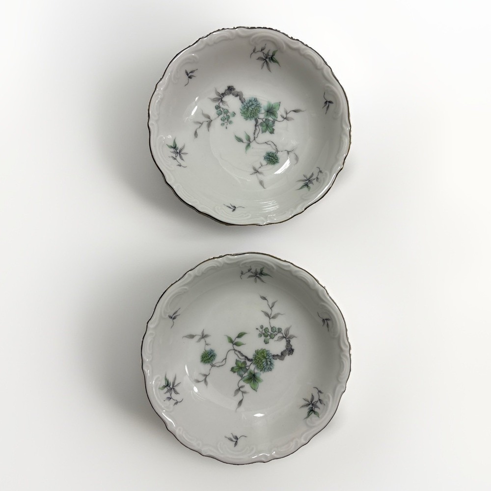 Vintage Mitterteich Bavaria Green Ming Fruit Dessert Bowls Set 2 Gold Trim EUC